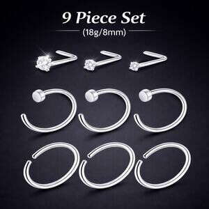 9 Pc Silver Stainless Steel Hypo 8mm Nose Ring Set Hoop Stud CZ Nose Rings 18g